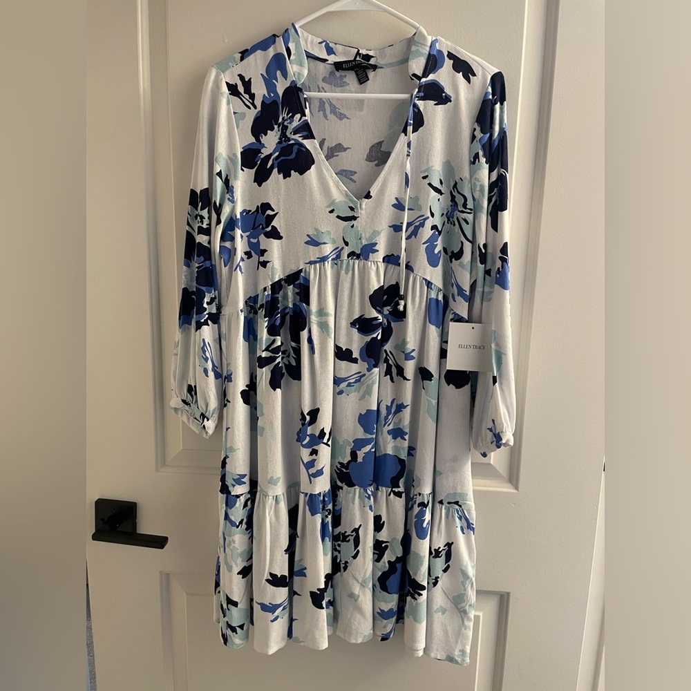 Ellen Tracy Blue and White Floral Midi Dress